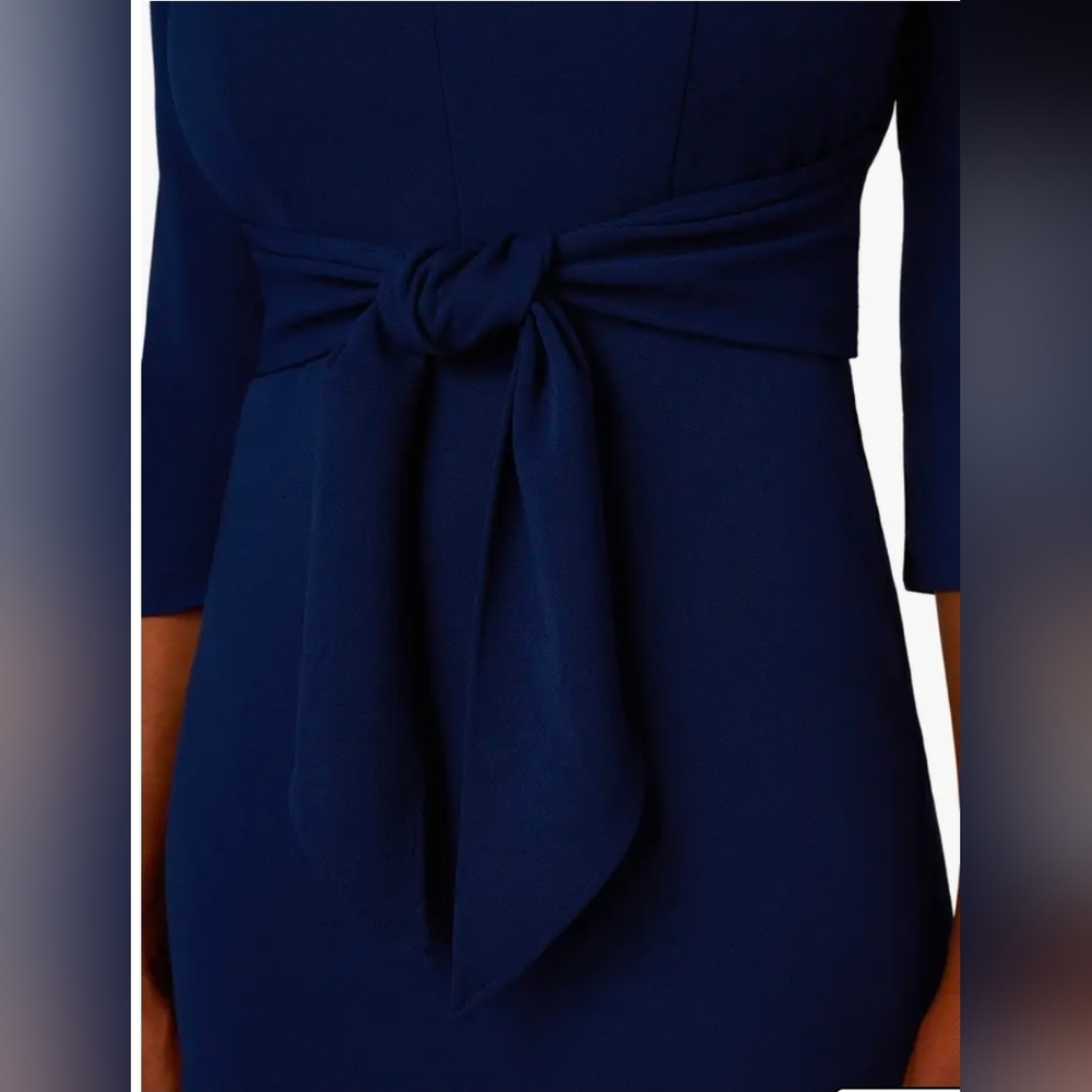 Adrianna Papell Navy, Tie-Waist 3/4 Sleeve, Midi, Sheath Dress Size 14 - Picture 6 of 15